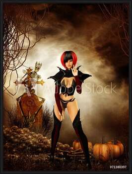 Indrammet plakat Goth girl in cemetary on halloween night